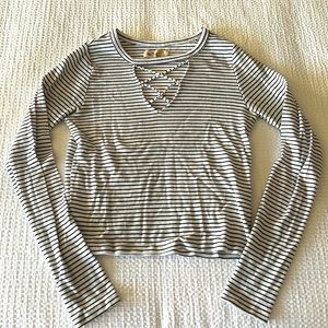 Hollister White & Black Striped Cropped Long-Sleeve